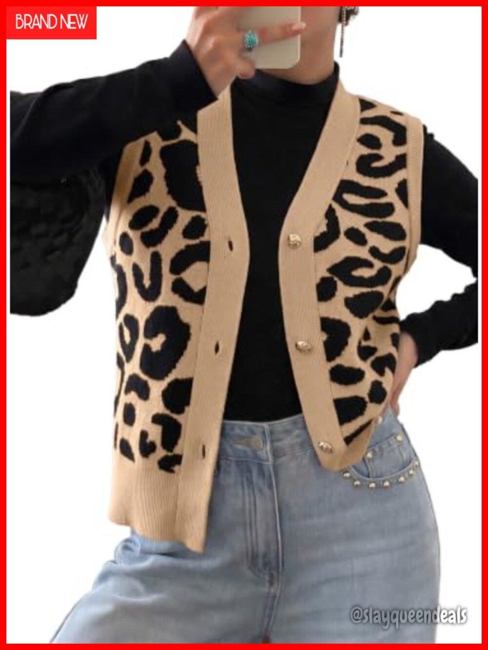 Womens V Neck Cardigan Sweater Vest Button Up Leopard Print Sleeveless